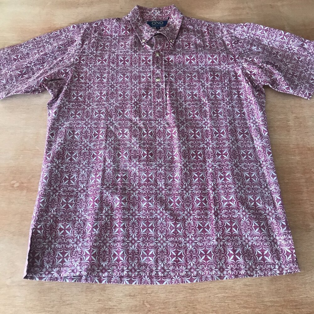Ono Hawaiian Shirt Men M Red Geometric Tribal Button Down Pullover Pocket 17031